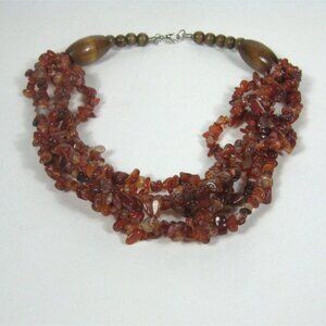 Carnelian Stone Chip Multi Strand Beaded Necklace  Wooden Accents Boho Chic 21in